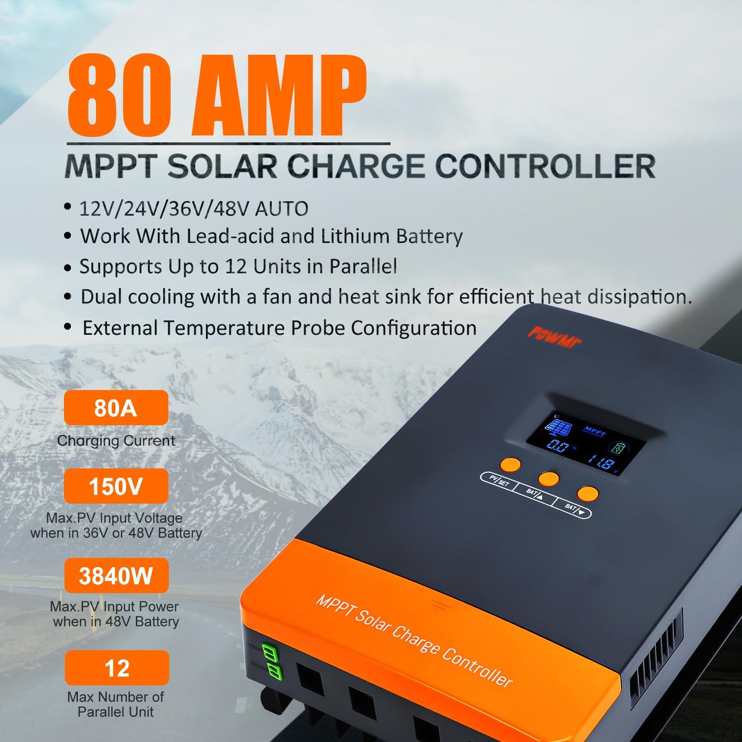 MPPT Charge Controller 60A 12V/24V/48V Auto, 60 amp Solar Charge Controller w/ LCD Display, Work with Lead-Acid and Lithium Batteries, Support 12(Max) Solar Regulator Connections in Parallel