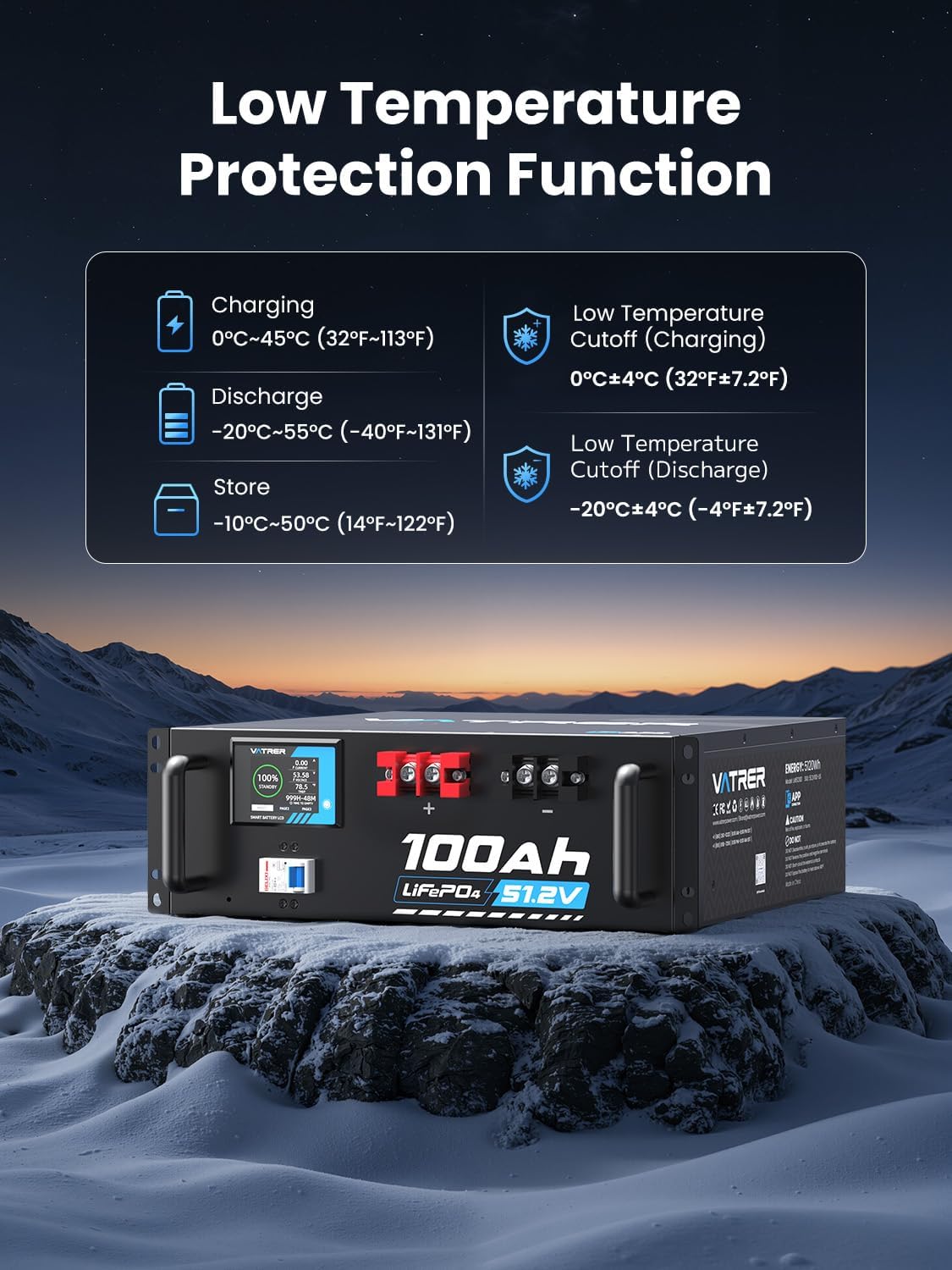 VATRER POWER 48V 100AH LiFePO4 Battery, Built-in 100A BMS