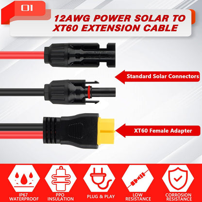 Solar Panel Plug to XT60 Charge Cable,10FT, 12AWG XT60 Plug Female Connector Adapter Battery Charger Cable for for RV Folding Solar Panel, Generators (10 FT)