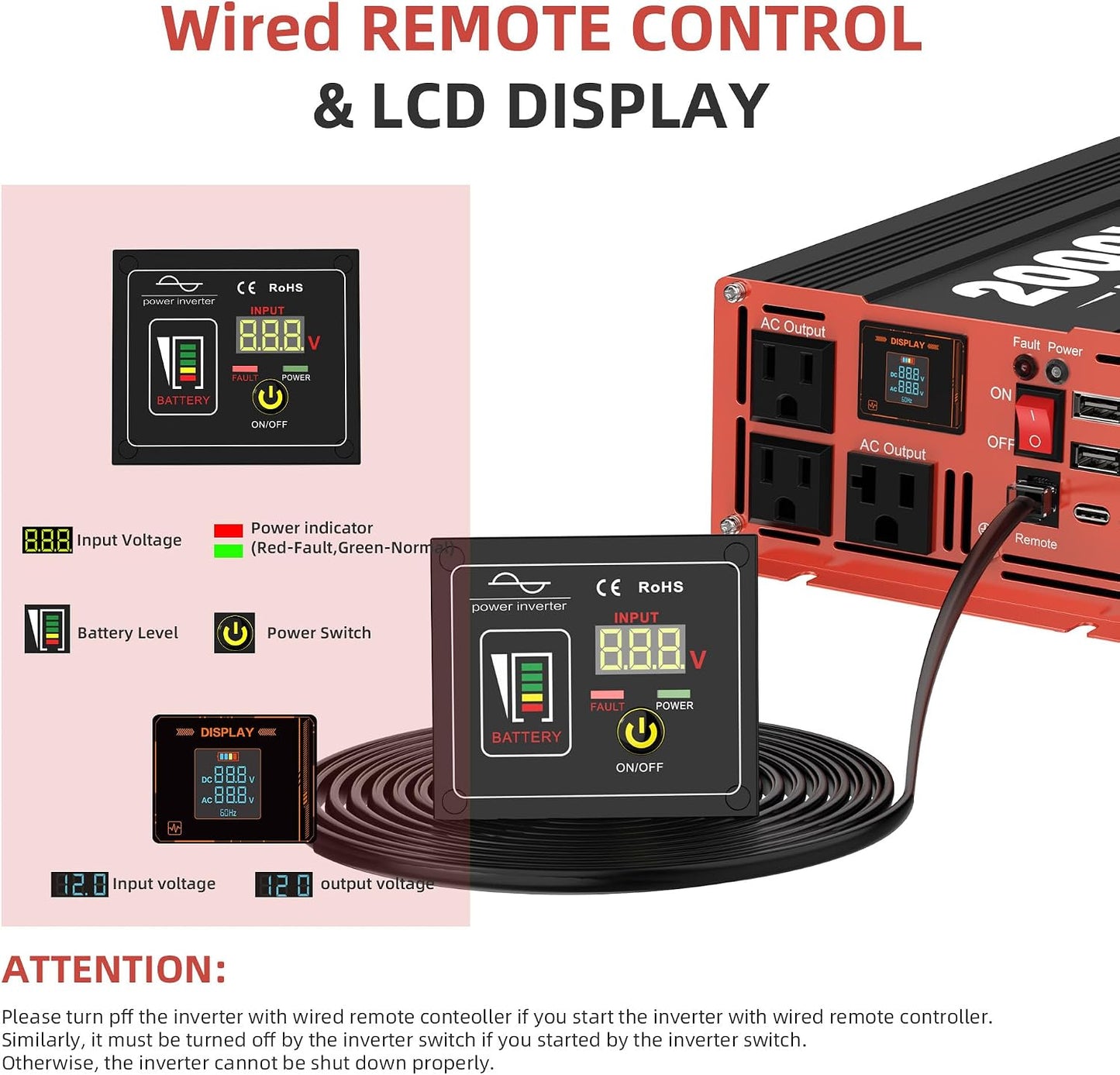 3000W Pure Sine Wave Inverter, Car Power Inverter 24V to 120V AC Converter for RV, Truck, Solar, Outdoor with Dual AC and 20A Socket, 18W+30W USB, PD60W (3000W-24V)