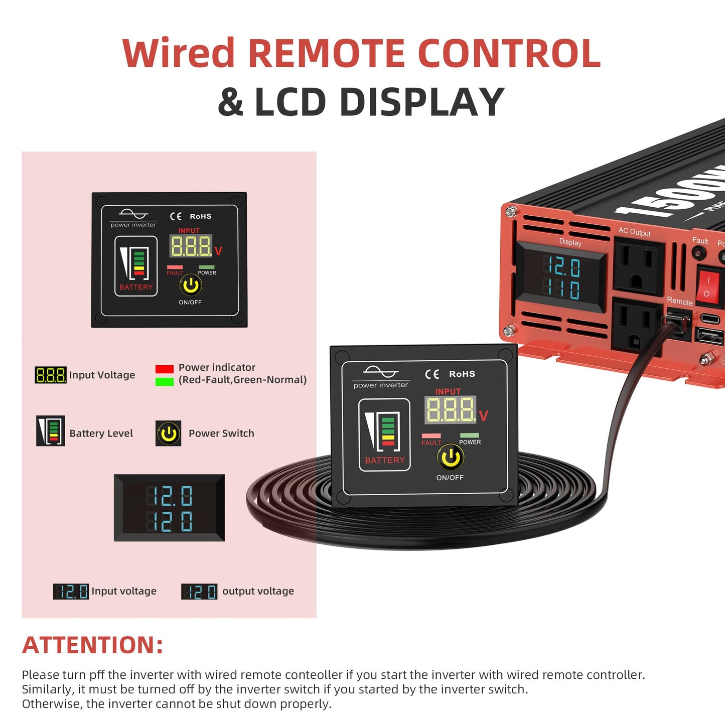 3000W Pure Sine Wave Inverter, Car Power Inverter 24V to 120V AC Converter for RV, Truck, Solar, Outdoor with Dual AC and 20A Socket, 18W+30W USB, PD60W (3000W-24V)