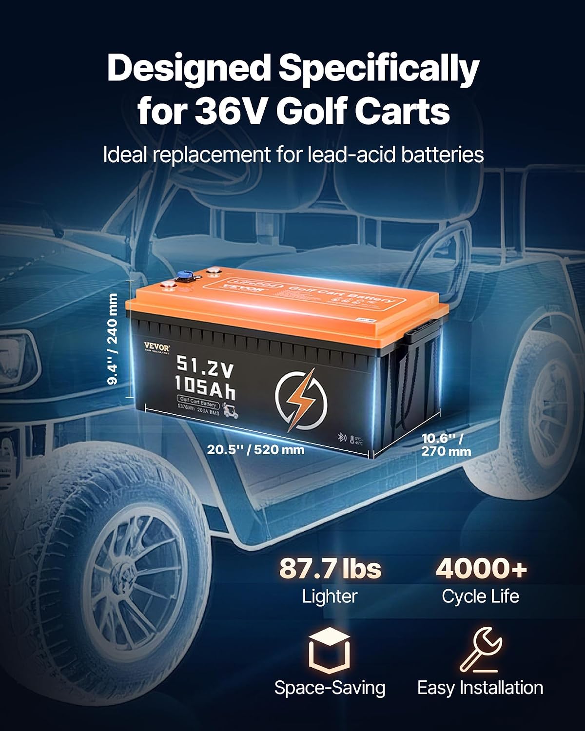 VEVOR 48V 105Ah Golf Cart Lithium Battery, 48 Volt Golf Cart Battery with 200A BMS, LCD Monitor and Mobile APP, LiFePO4 Battery with 600A Peak Current, 20A Charger and 4000+ Cycles, for Golf Carts