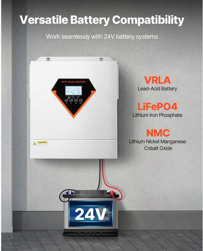 3000W Hybrid Solar Inverter, Pure Sine Wave Power Inverter Charger, 24V DC to 110/120V AC, Integrated 100A MPPT Solar Controller, Compatible with Off-Grid Systems and Various Battery Types