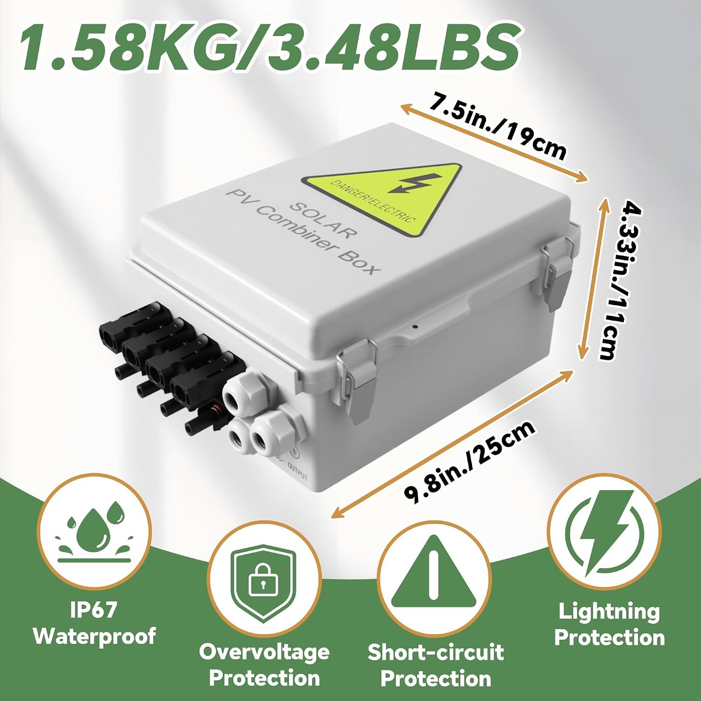 4 String Solar Combiner Box, IP65 Waterproof for On/Off Grid System, With Lightning Arrester, 15A Rated Current Fuse & 63A Circuit Breaker, Plastic Box