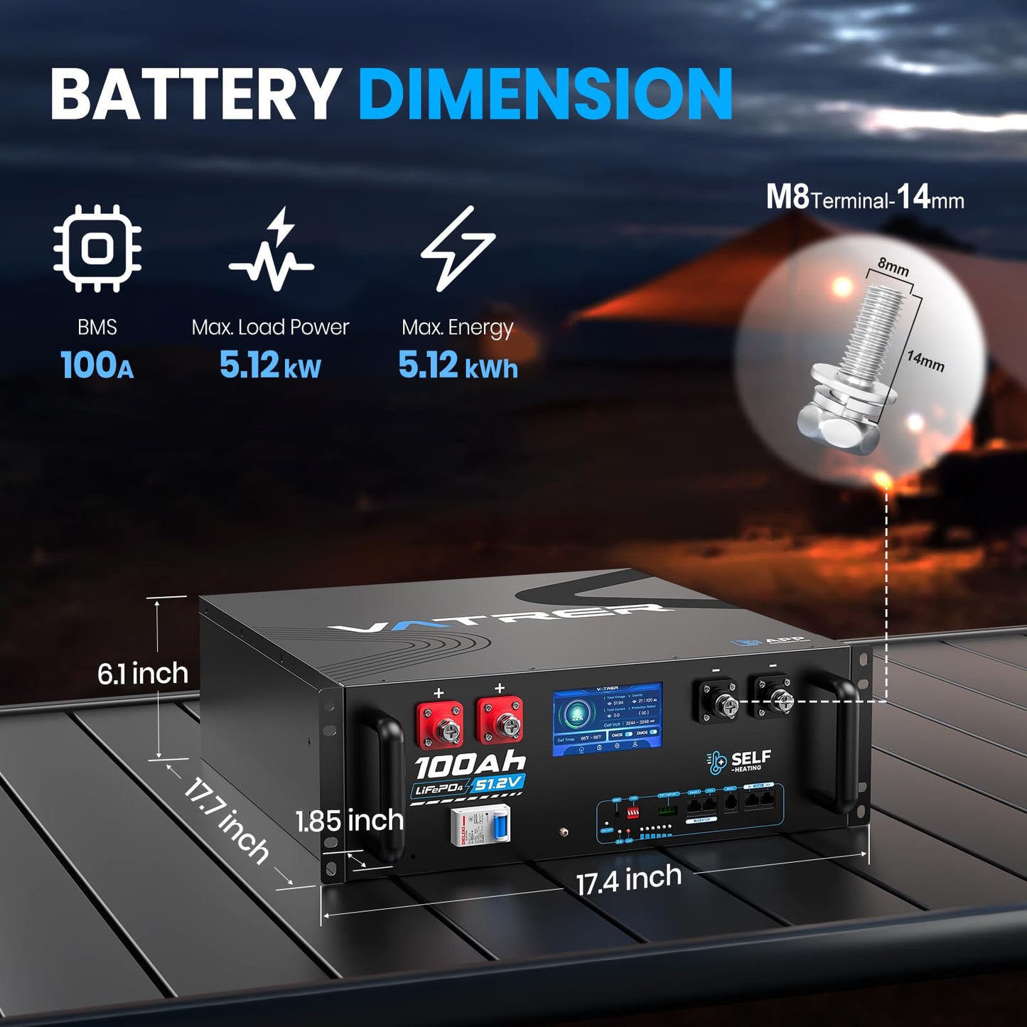 VATRER POWER 48V 100AH LiFePO4 Battery, Built-in 100A BMS