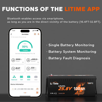 LiTime 24V 100Ah Bluetooth LiFePO4 Battery, Low-Temp Cutoff Protection, Built-in 100A BMS, 4000+ Deep Cycles for Trolling Motors, RVs, Marine, Off-Grid, Home Energy