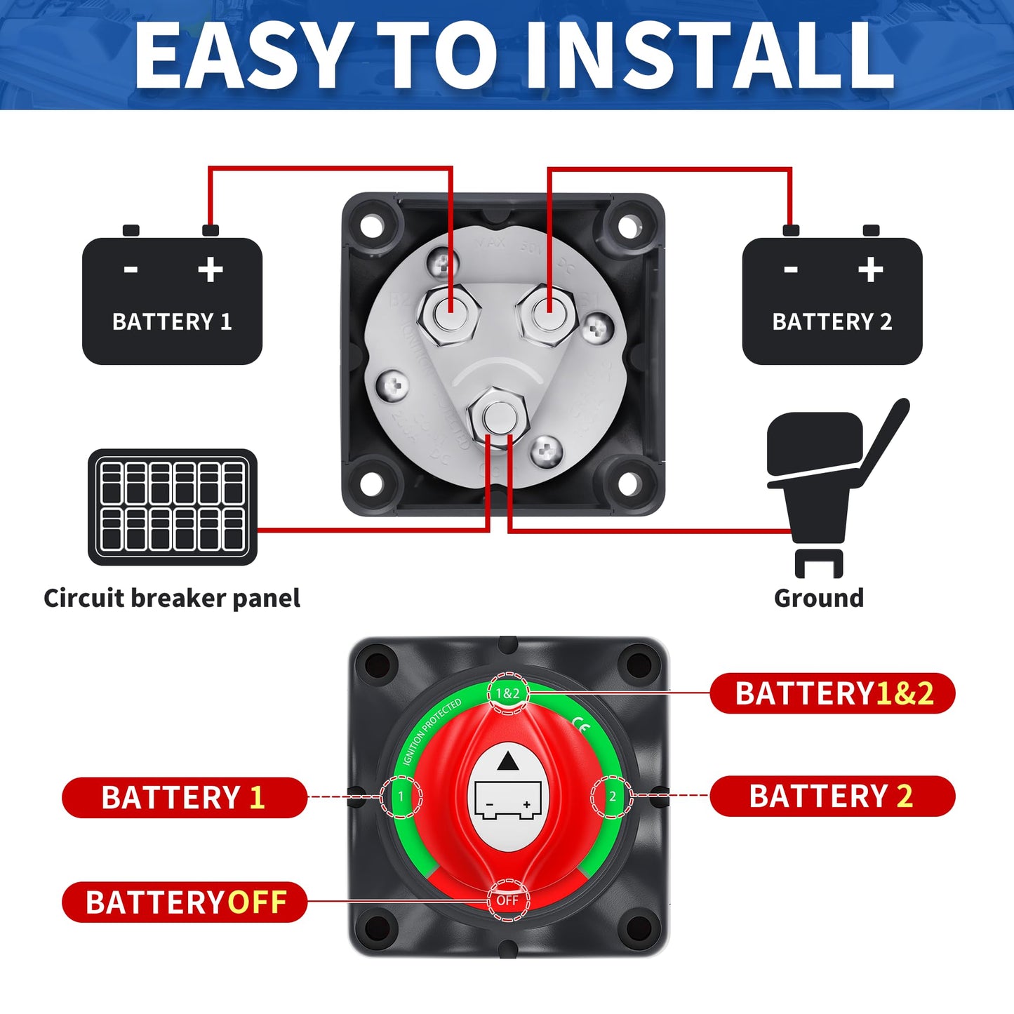 Joinfworld Battery Disconnect Switch 12V-48V Waterproof Marine Battery Cut Off Switch Master for Car Boat RV ATV UTV Vehicles