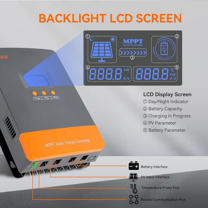 MPPT Charge Controller 60A 12V/24V/48V Auto, 60 amp Solar Charge Controller w/ LCD Display, Work with Lead-Acid and Lithium Batteries, Support 12(Max) Solar Regulator Connections in Parallel