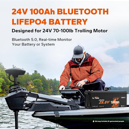 LiTime 24V 100Ah Bluetooth LiFePO4 Battery, Low-Temp Cutoff Protection, Built-in 100A BMS, 4000+ Deep Cycles for Trolling Motors, RVs, Marine, Off-Grid, Home Energy