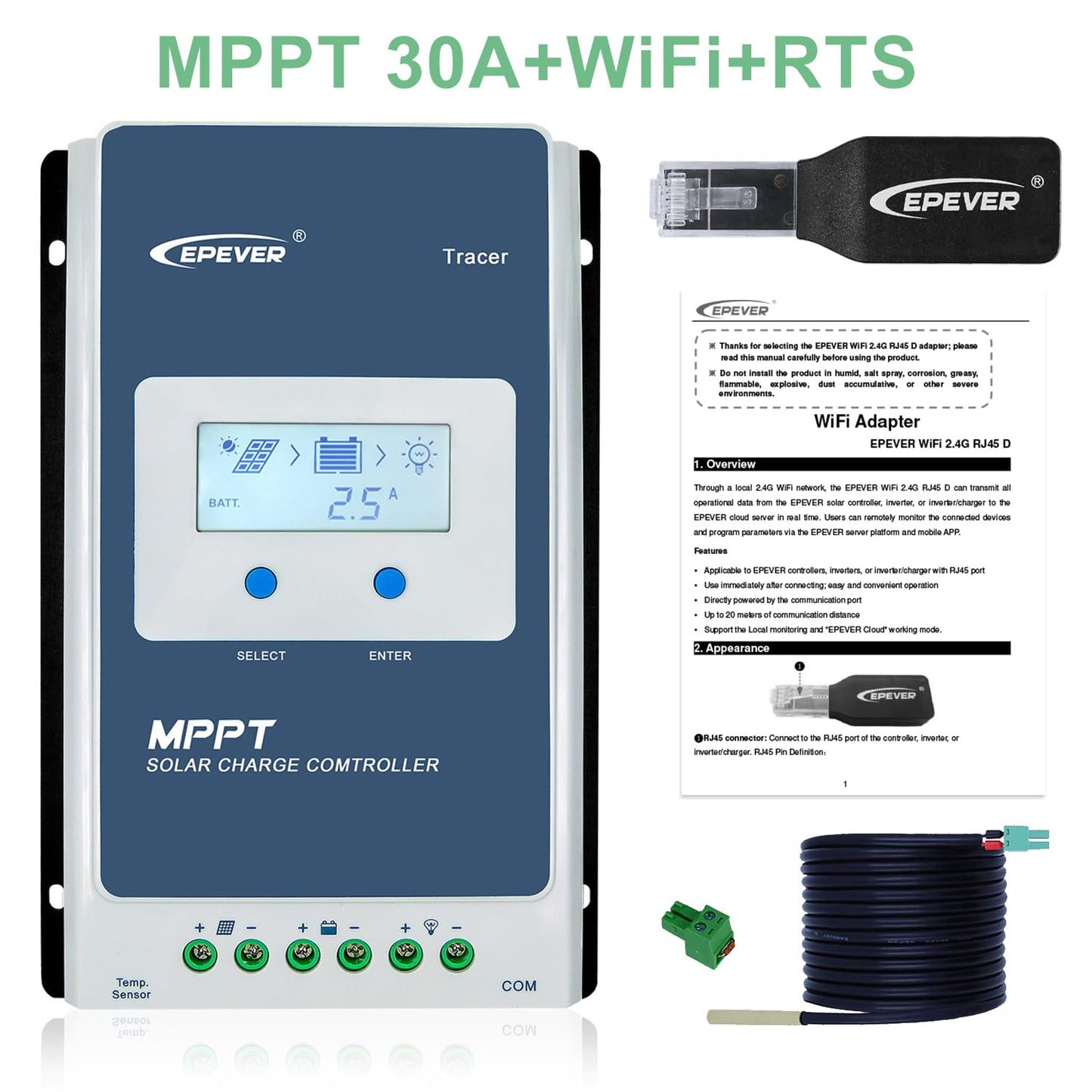 EPEVER MPPT Solar Charge Controller 40A Kit Tracer4210AN-G3 + MT52 + RTS