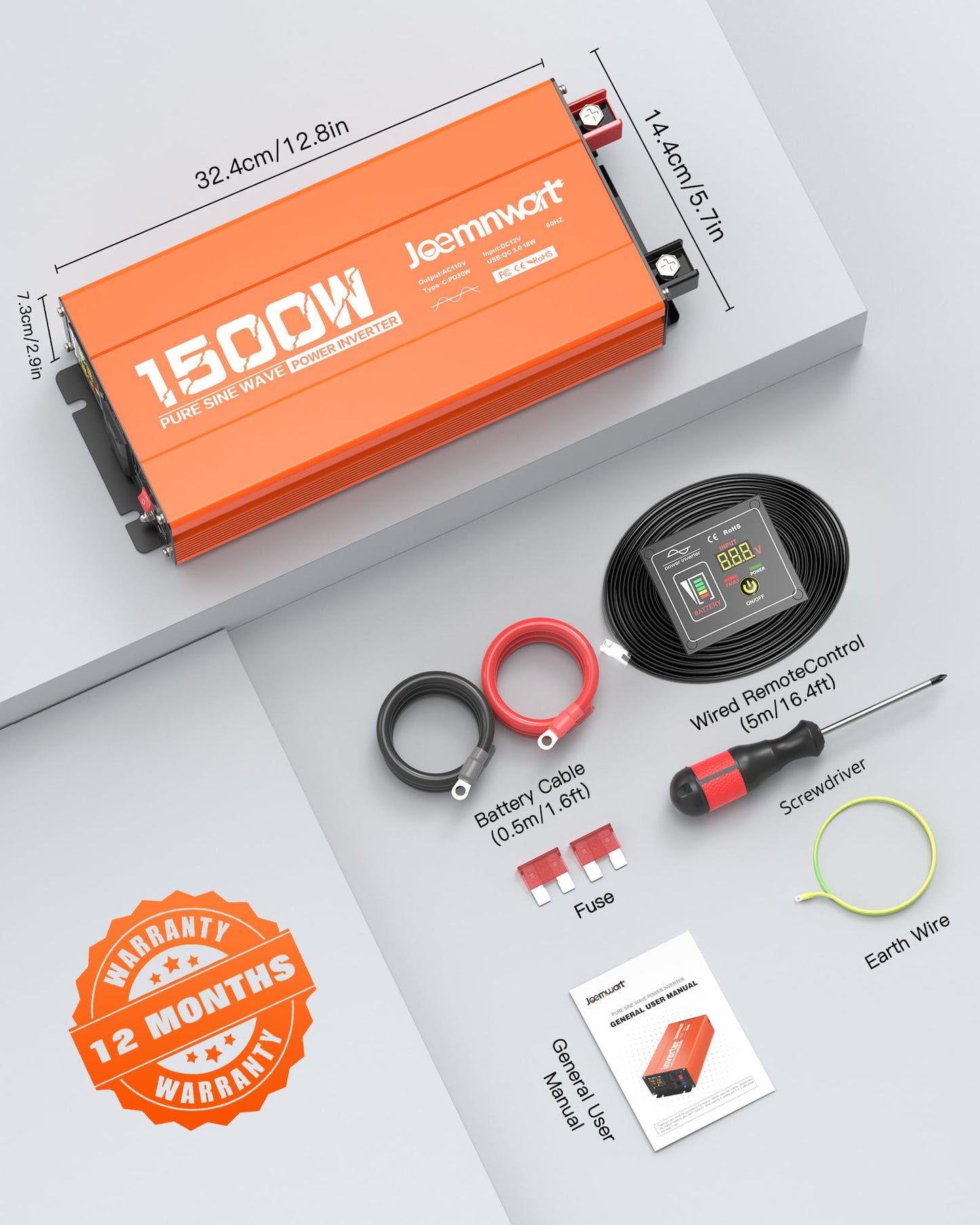 3000W Pure Sine Wave Power Inverter 24V DC to 110V AC Converter, LED Display,Remote Control, Car Inverter with 2AC Outlets,Fast Charging USB Port for RV,Truck,Home