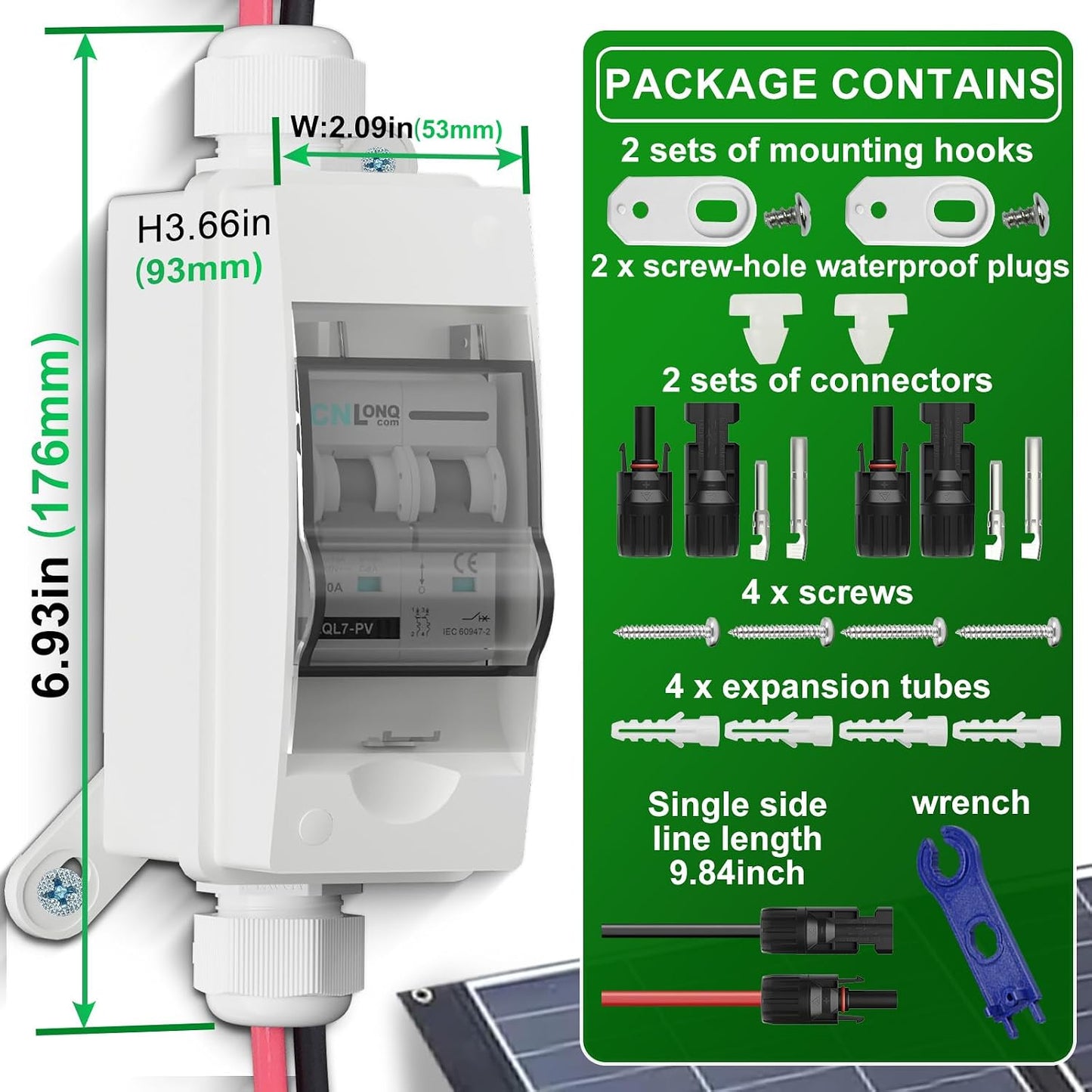Solar Disconnect Switch 40A DC1000V Circuit Breaker 2P with PV Connector and IP65 Small Breaker Box and Wall Hooks for Outdoor PV Stystem, Battery, PV Array MCB
