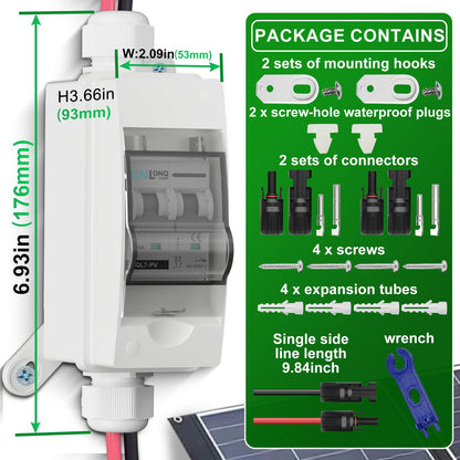 Solar Disconnect Switch 40A DC1000V Circuit Breaker 2P with PV Connector and IP65 Small Breaker Box and Wall Hooks for Outdoor PV Stystem, Battery, PV Array MCB