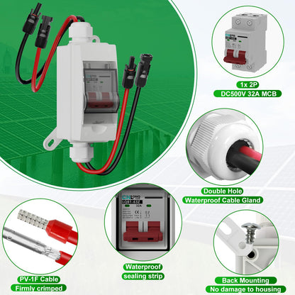 Solar Disconnect Switch 40A DC1000V Circuit Breaker 2P with PV Connector and IP65 Small Breaker Box and Wall Hooks for Outdoor PV Stystem, Battery, PV Array MCB
