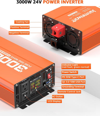 3000W Pure Sine Wave Power Inverter 24V DC to 110V AC Converter, LED Display,Remote Control, Car Inverter with 2AC Outlets,Fast Charging USB Port for RV,Truck,Home