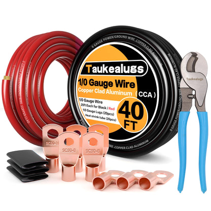 1/0 Gauge Battery Cable Wire Copper Clad Aluminum CCA Amp Wiring Kit 40FT Black/Red for Automotive Power Ground,Car Audio Speaker,Truck with 250A ANL Fuse Holder Lug Terminal Heat Shrink Tube