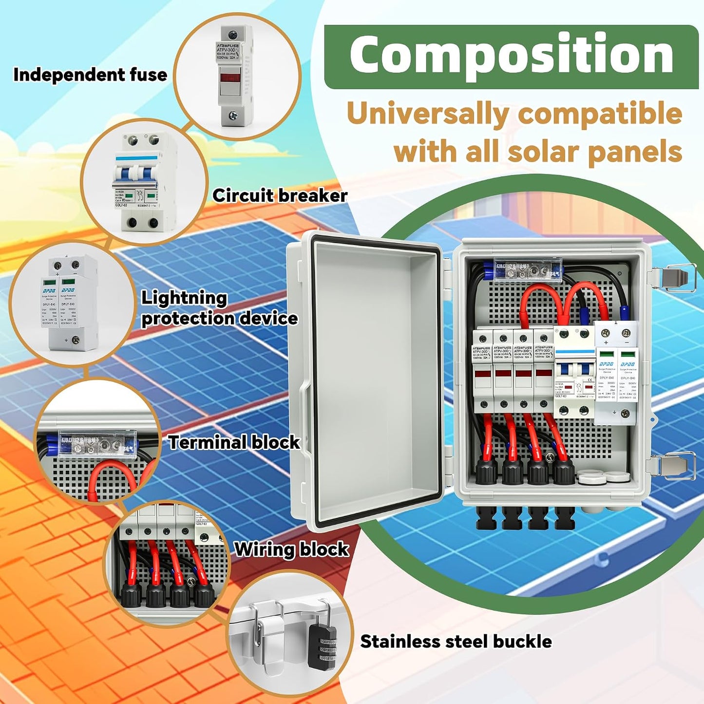 4 String Solar Combiner Box, IP65 Waterproof for On/Off Grid System, With Lightning Arrester, 15A Rated Current Fuse & 63A Circuit Breaker, Plastic Box