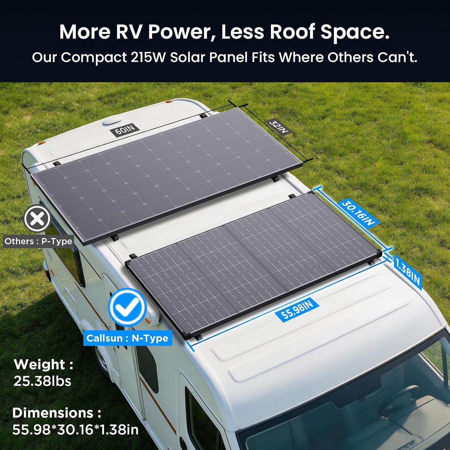 430W Anti-Shading Bifacial Solar Panel,Callsun 2PCS 215 Watt N-Type 16BB Monocrystalline PV Module, Over 25% High Efficiency,Ideal for 12V/24V System,RV,Marine,Power Station,Off-Grid