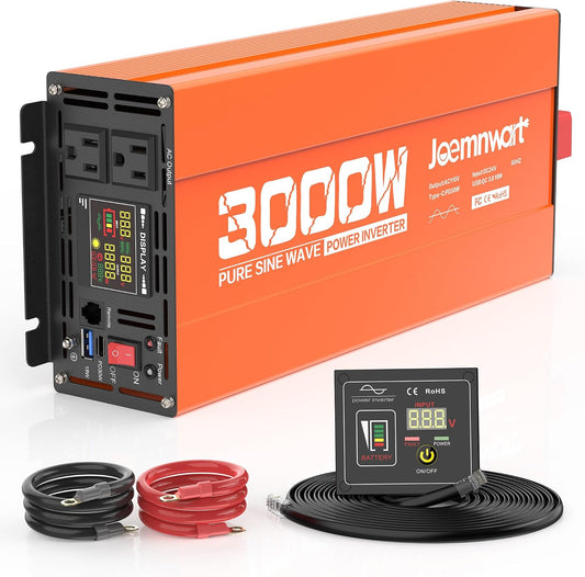 3000W Pure Sine Wave Power Inverter 24V DC to 110V AC Converter, LED Display,Remote Control, Car Inverter with 2AC Outlets,Fast Charging USB Port for RV,Truck,Home