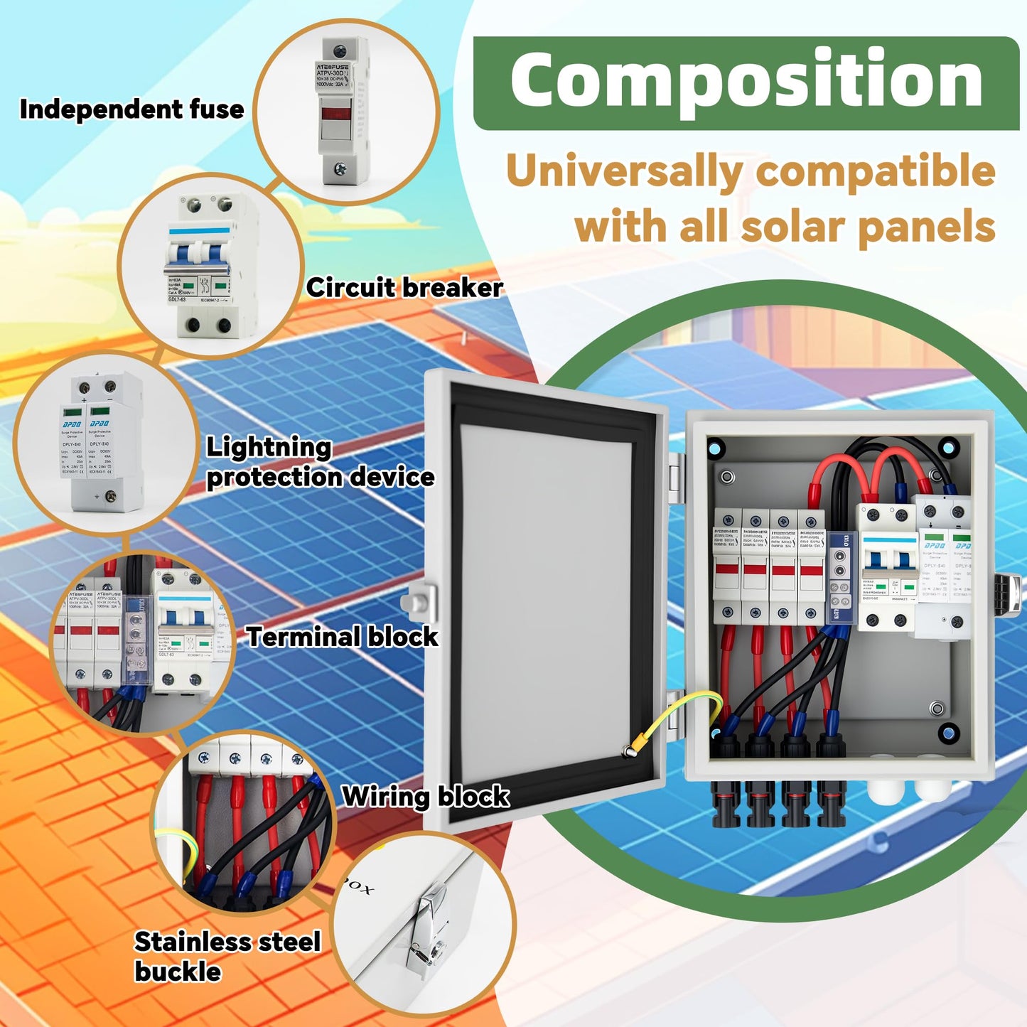 4 String Solar Combiner Box, IP65 Waterproof for On/Off Grid System, With Lightning Arrester, 15A Rated Current Fuse & 63A Circuit Breaker, Plastic Box