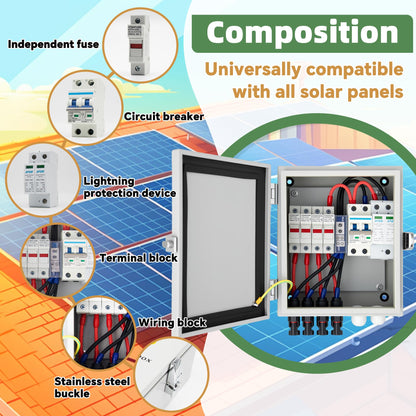 4 String Solar Combiner Box, IP65 Waterproof for On/Off Grid System, With Lightning Arrester, 15A Rated Current Fuse & 63A Circuit Breaker, Plastic Box
