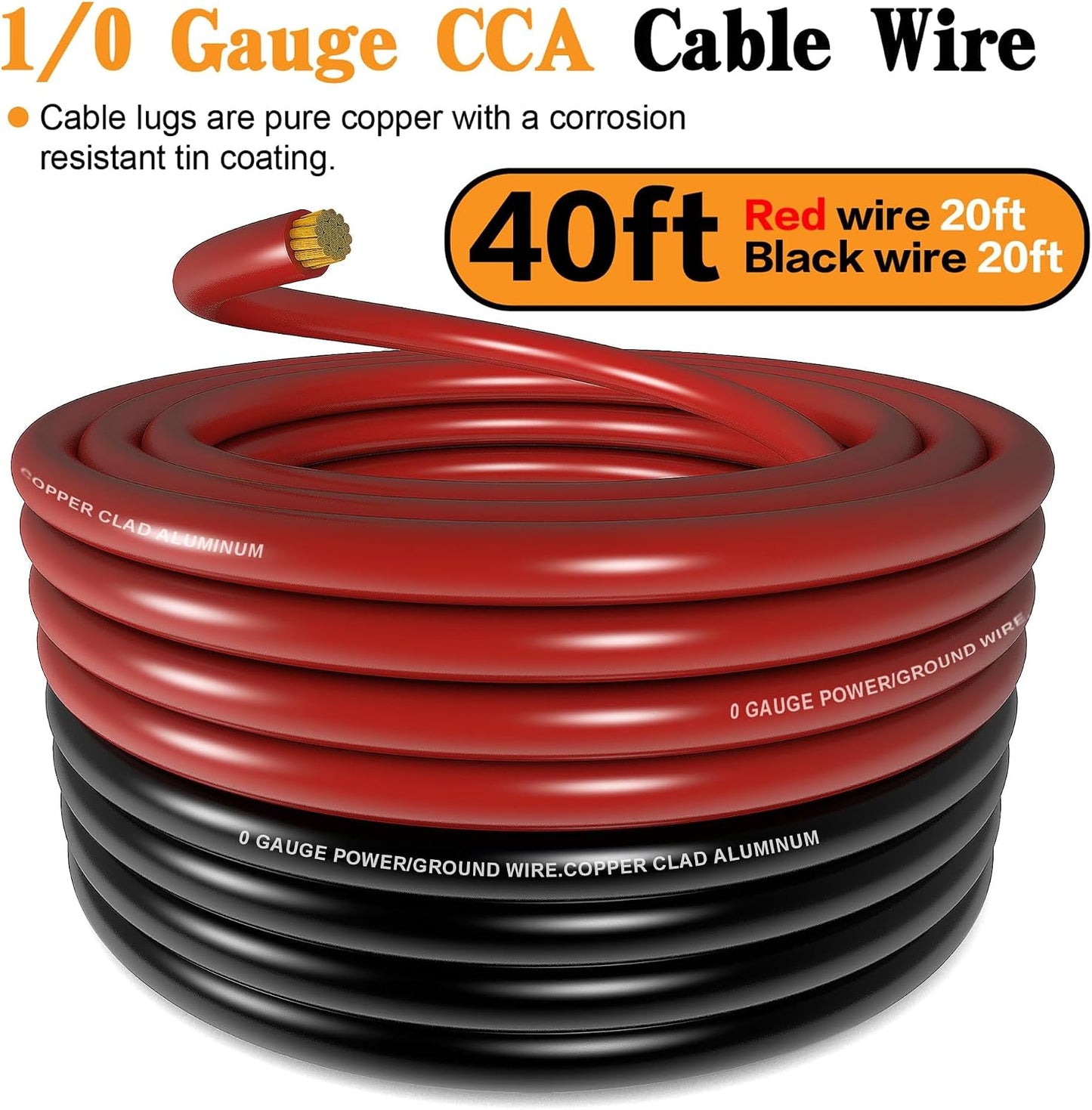 1/0 Gauge Battery Cable Wire Copper Clad Aluminum CCA Amp Wiring Kit 40FT Black/Red for Automotive Power Ground,Car Audio Speaker,Truck with 250A ANL Fuse Holder Lug Terminal Heat Shrink Tube