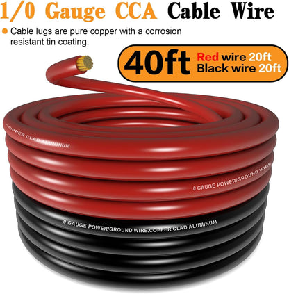 1/0 Gauge Battery Cable Wire Copper Clad Aluminum CCA Amp Wiring Kit 40FT Black/Red for Automotive Power Ground,Car Audio Speaker,Truck with 250A ANL Fuse Holder Lug Terminal Heat Shrink Tube