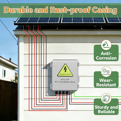 4 String Solar Combiner Box, IP65 Waterproof for On/Off Grid System, With Lightning Arrester, 15A Rated Current Fuse & 63A Circuit Breaker, Plastic Box