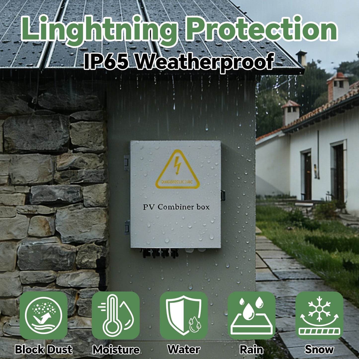 4 String Solar Combiner Box, IP65 Waterproof for On/Off Grid System, With Lightning Arrester, 15A Rated Current Fuse & 63A Circuit Breaker, Plastic Box