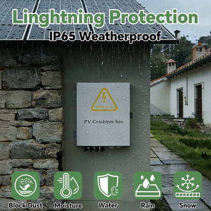4 String Solar Combiner Box, IP65 Waterproof for On/Off Grid System, With Lightning Arrester, 15A Rated Current Fuse & 63A Circuit Breaker, Plastic Box