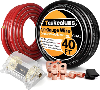 1/0 Gauge Battery Cable Wire Copper Clad Aluminum CCA Amp Wiring Kit 40FT Black/Red for Automotive Power Ground,Car Audio Speaker,Truck with 250A ANL Fuse Holder Lug Terminal Heat Shrink Tube
