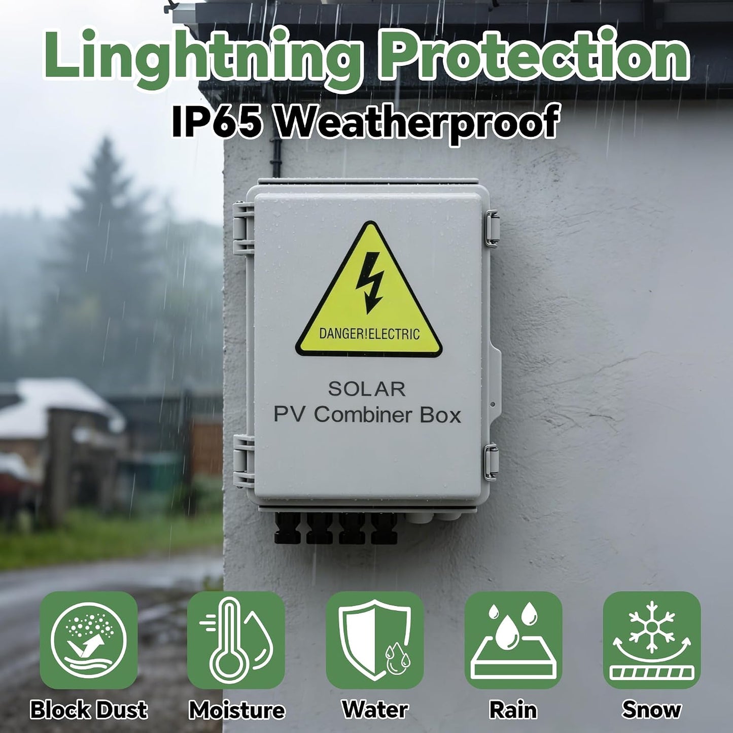 4 String Solar Combiner Box, IP65 Waterproof for On/Off Grid System, With Lightning Arrester, 15A Rated Current Fuse & 63A Circuit Breaker, Plastic Box