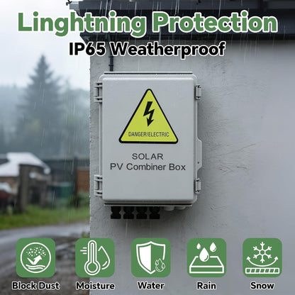 4 String Solar Combiner Box, IP65 Waterproof for On/Off Grid System, With Lightning Arrester, 15A Rated Current Fuse & 63A Circuit Breaker, Plastic Box