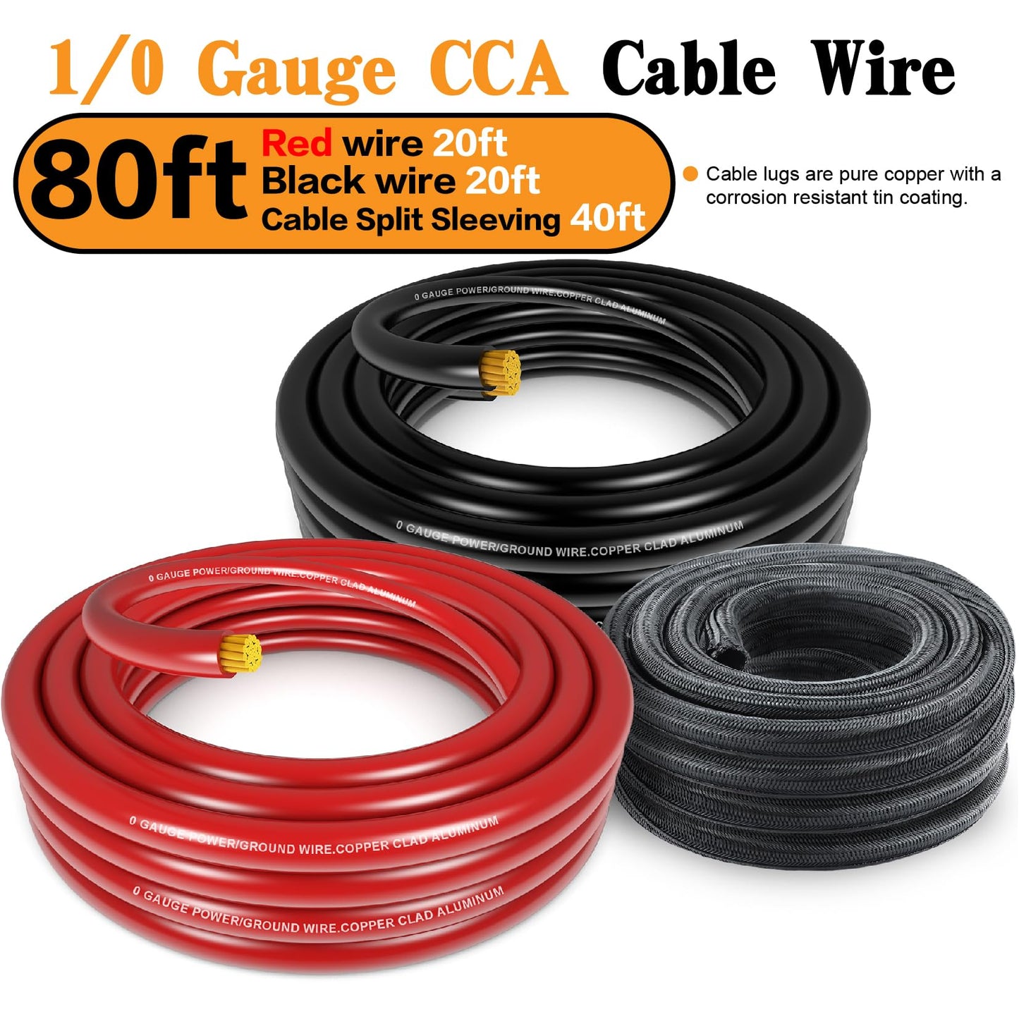 1/0 Gauge Battery Cable Wire Copper Clad Aluminum CCA Amp Wiring Kit 40FT Black/Red for Automotive Power Ground,Car Audio Speaker,Truck with 250A ANL Fuse Holder Lug Terminal Heat Shrink Tube