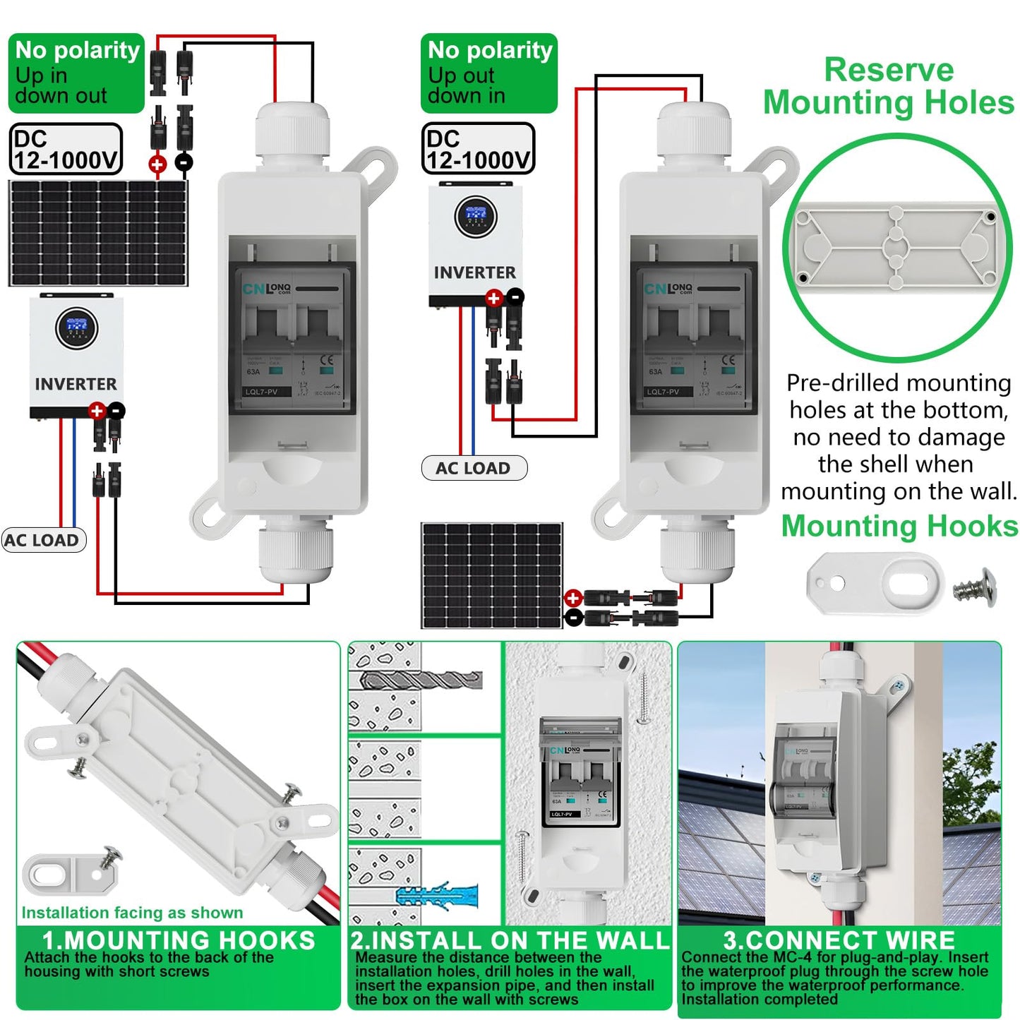 Solar Disconnect Switch 40A DC1000V Circuit Breaker 2P with PV Connector and IP65 Small Breaker Box and Wall Hooks for Outdoor PV Stystem, Battery, PV Array MCB