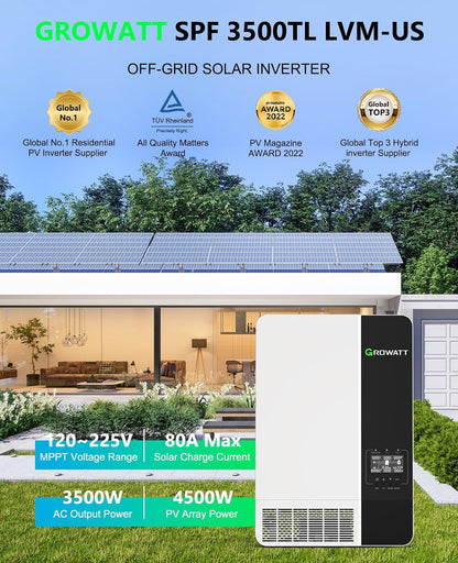 GROWATT - 3500W DC 40-60V solar inverter, parallel support, 2 built-in MPPT solar controllers, max. 80A battery charging, AC 120V input/output (configurable) inverter charger