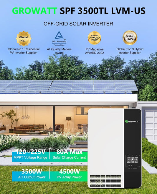 GROWATT - 3500W DC 40-60V solar inverter, parallel support, 2 built-in MPPT solar controllers, max. 80A battery charging, AC 120V input/output (configurable) inverter charger