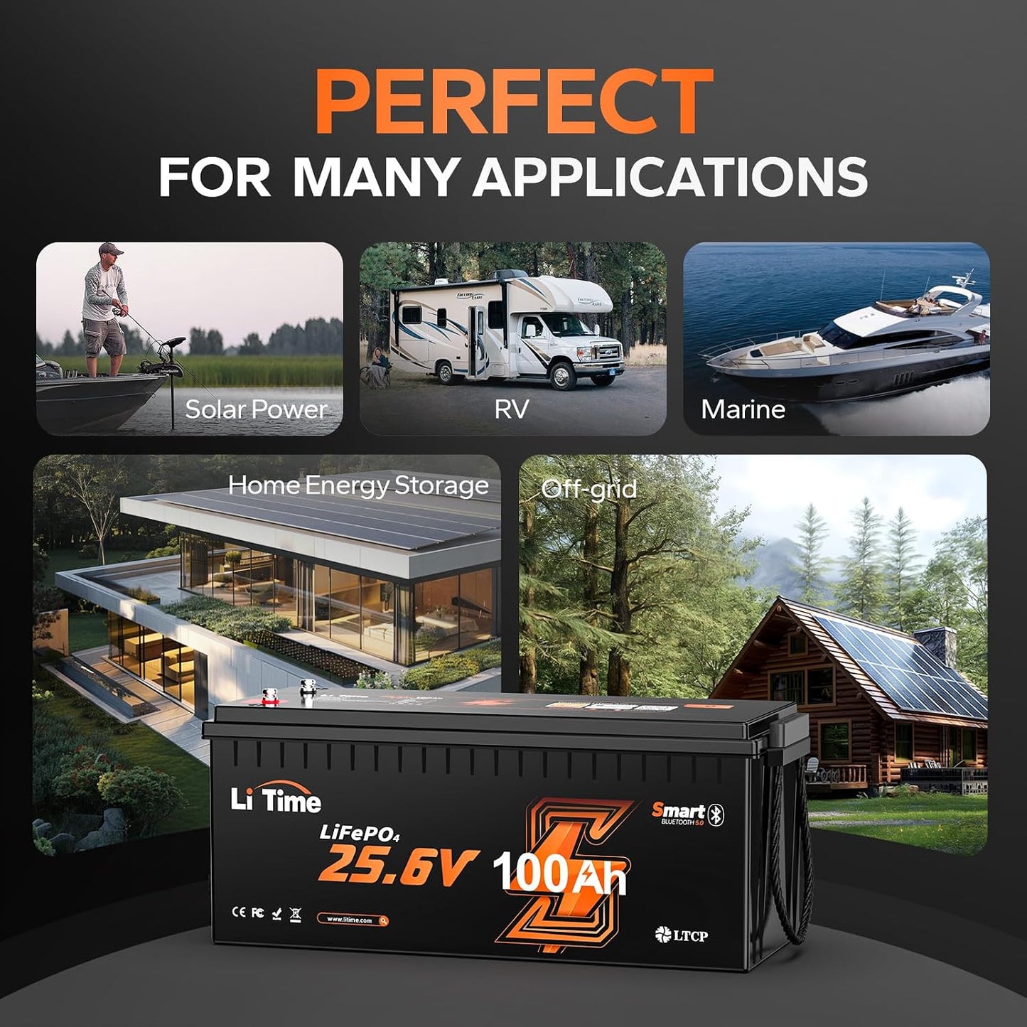 LiTime 24V 100Ah Bluetooth LiFePO4 Battery, Low-Temp Cutoff Protection, Built-in 100A BMS, 4000+ Deep Cycles for Trolling Motors, RVs, Marine, Off-Grid, Home Energy