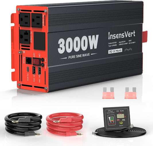 3000W Pure Sine Wave Inverter, Car Power Inverter 24V to 120V AC Converter for RV, Truck, Solar, Outdoor with Dual AC and 20A Socket, 18W+30W USB, PD60W (3000W-24V)