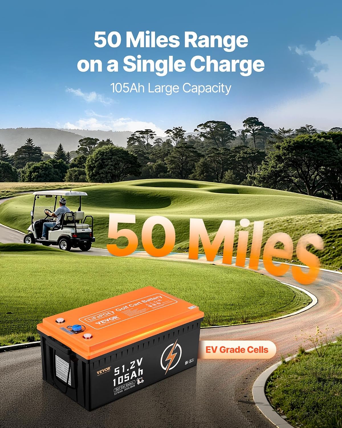 VEVOR 48V 105Ah Golf Cart Lithium Battery, 48 Volt Golf Cart Battery with 200A BMS, LCD Monitor and Mobile APP, LiFePO4 Battery with 600A Peak Current, 20A Charger and 4000+ Cycles, for Golf Carts