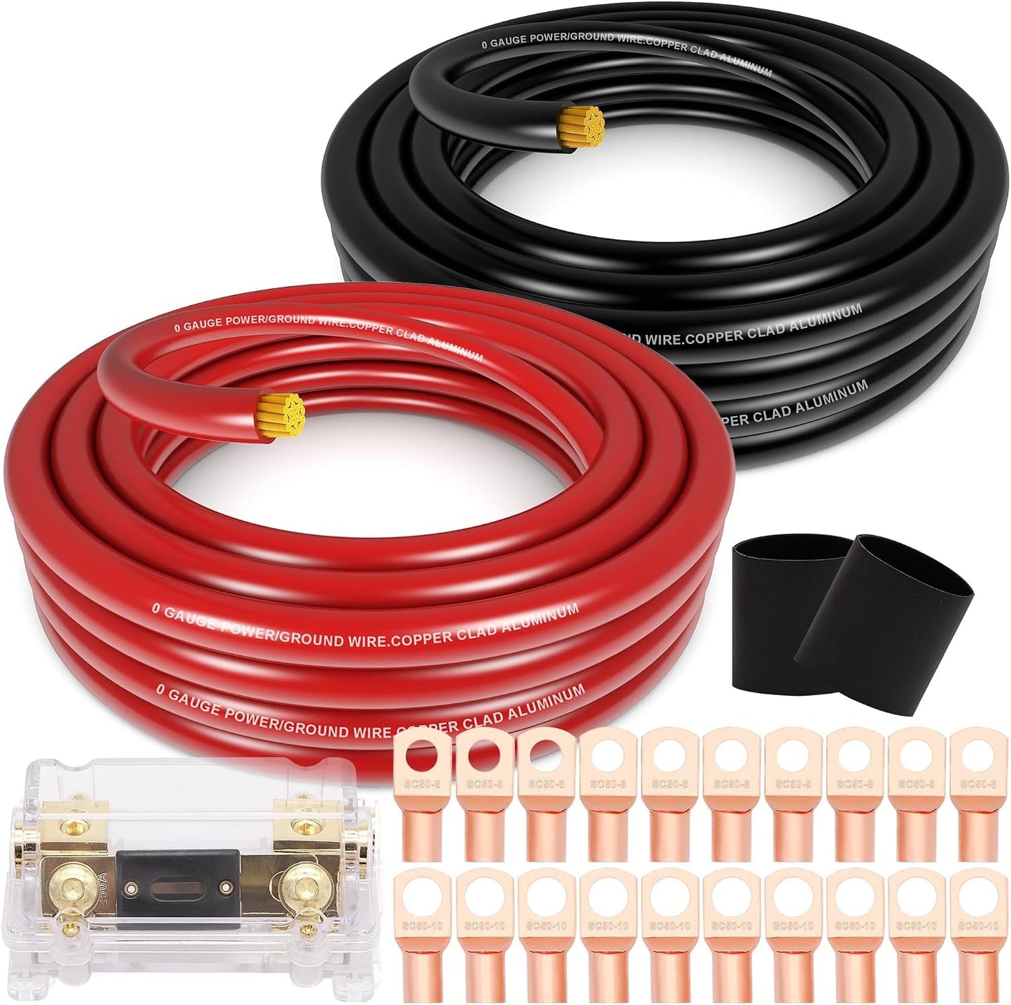 1/0 Gauge Battery Cable Wire Copper Clad Aluminum CCA Amp Wiring Kit 40FT Black/Red for Automotive Power Ground,Car Audio Speaker,Truck with 250A ANL Fuse Holder Lug Terminal Heat Shrink Tube