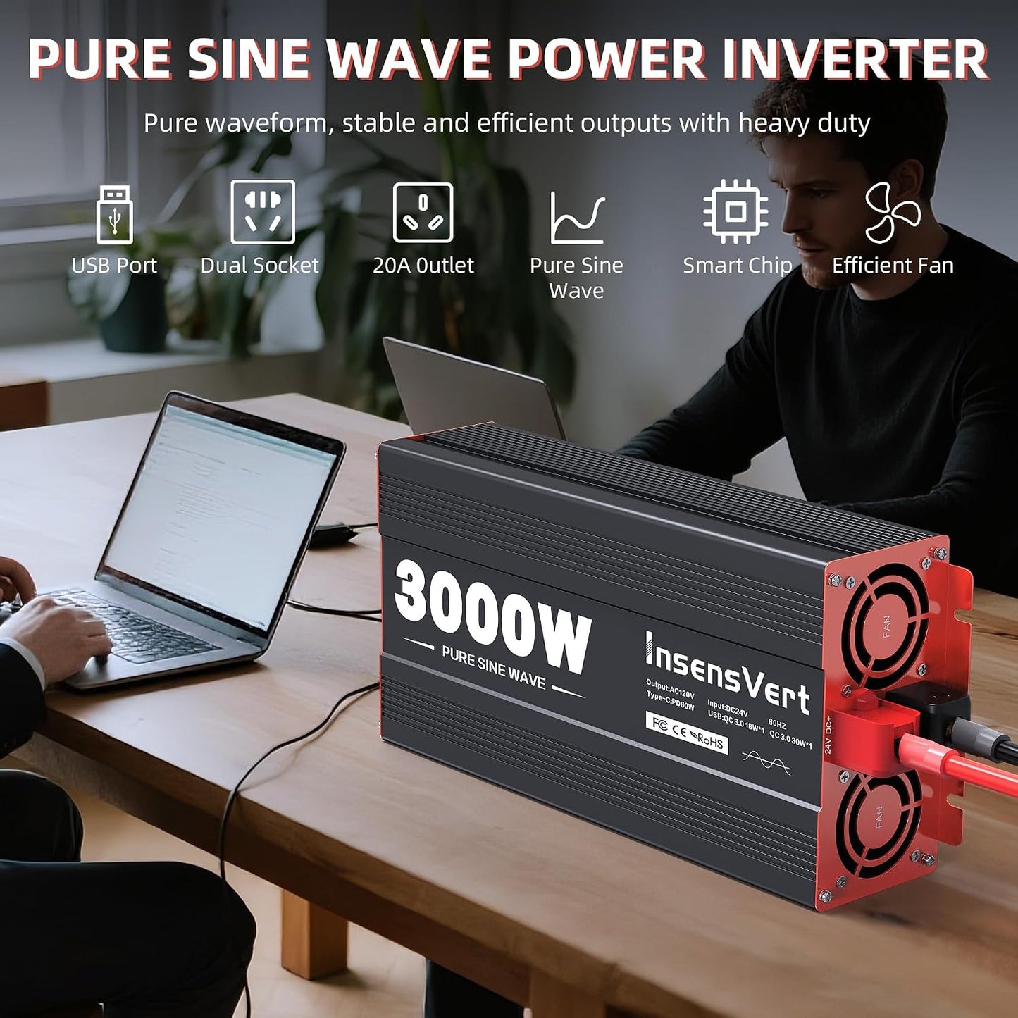 3000W Pure Sine Wave Inverter, Car Power Inverter 24V to 120V AC Converter for RV, Truck, Solar, Outdoor with Dual AC and 20A Socket, 18W+30W USB, PD60W (3000W-24V)