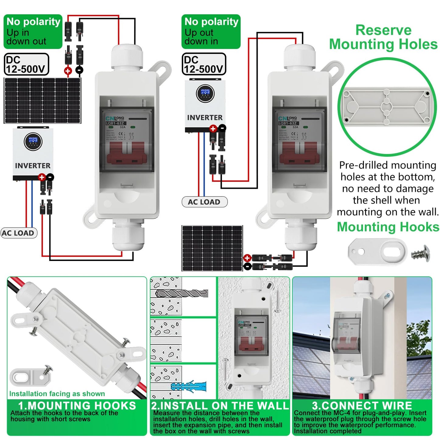 Solar Disconnect Switch 40A DC1000V Circuit Breaker 2P with PV Connector and IP65 Small Breaker Box and Wall Hooks for Outdoor PV Stystem, Battery, PV Array MCB