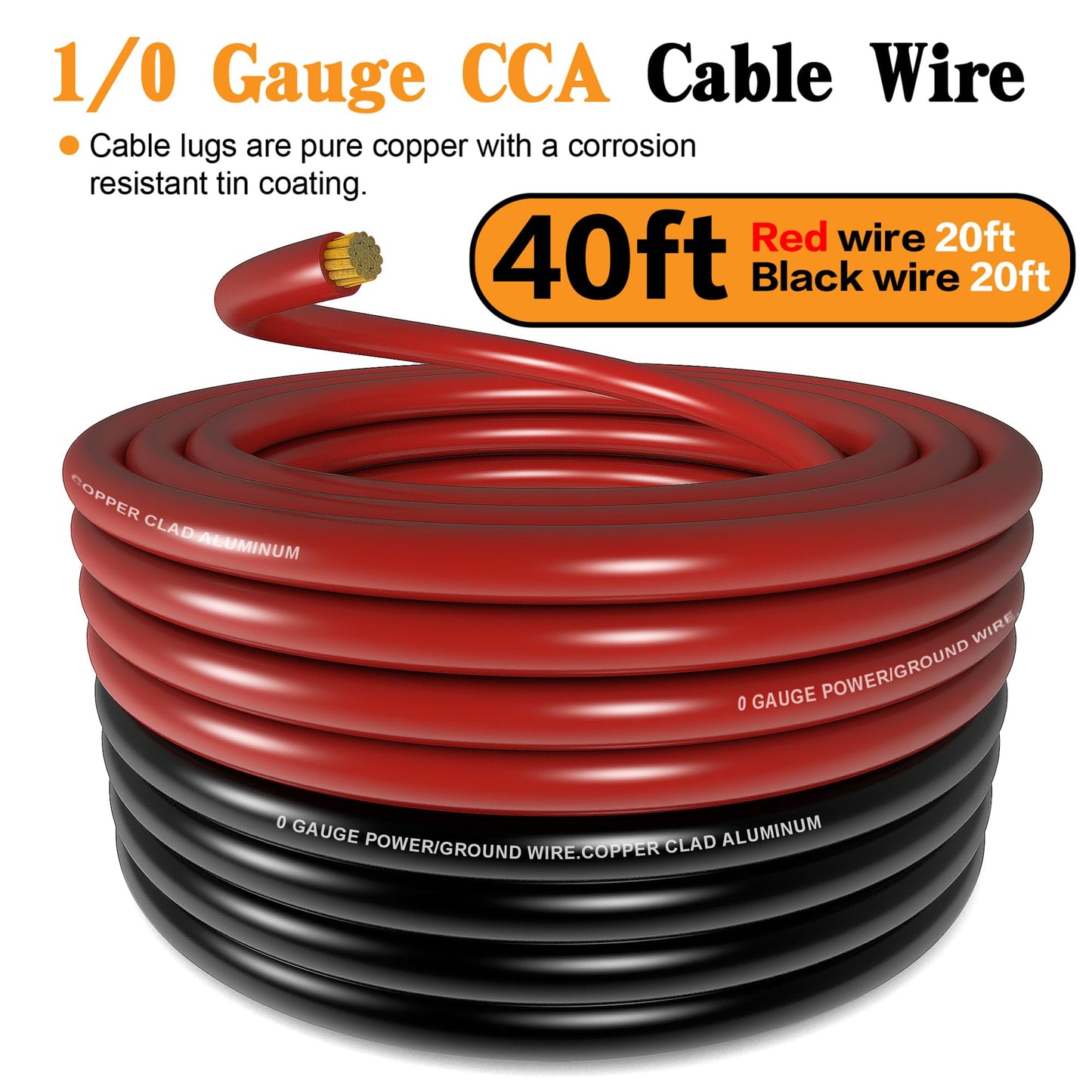 1/0 Gauge Battery Cable Wire Copper Clad Aluminum CCA Amp Wiring Kit 40FT Black/Red for Automotive Power Ground,Car Audio Speaker,Truck with 250A ANL Fuse Holder Lug Terminal Heat Shrink Tube