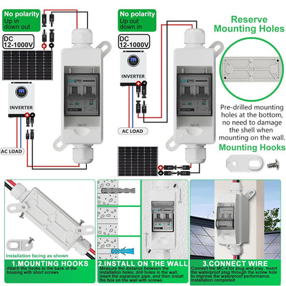 Solar Disconnect Switch 40A DC1000V Circuit Breaker 2P with PV Connector and IP65 Small Breaker Box and Wall Hooks for Outdoor PV Stystem, Battery, PV Array MCB
