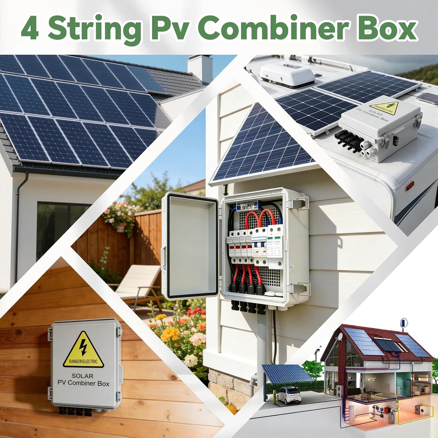 4 String Solar Combiner Box, IP65 Waterproof for On/Off Grid System, With Lightning Arrester, 15A Rated Current Fuse & 63A Circuit Breaker, Plastic Box