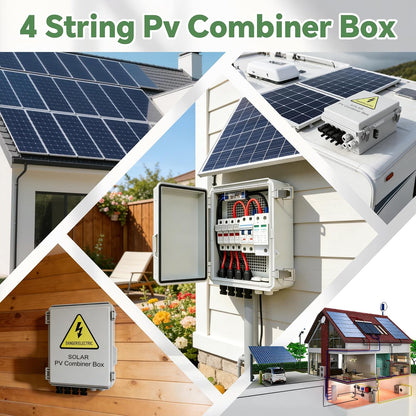 4 String Solar Combiner Box, IP65 Waterproof for On/Off Grid System, With Lightning Arrester, 15A Rated Current Fuse & 63A Circuit Breaker, Plastic Box