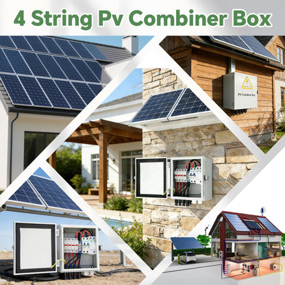 4 String Solar Combiner Box, IP65 Waterproof for On/Off Grid System, With Lightning Arrester, 15A Rated Current Fuse & 63A Circuit Breaker, Plastic Box