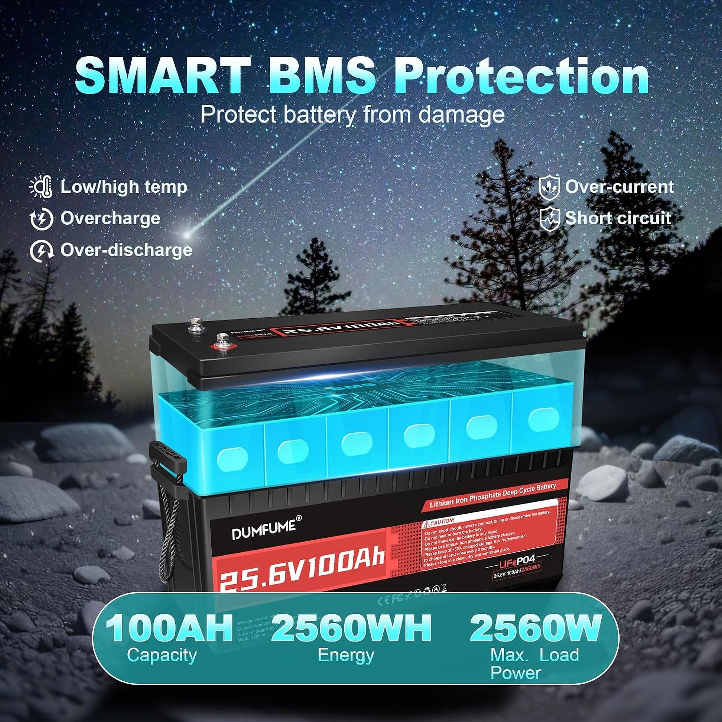 24V 100Ah Lithium LiFePO4 Battery Built-in 100A BMS Up to 15000 Cycles
