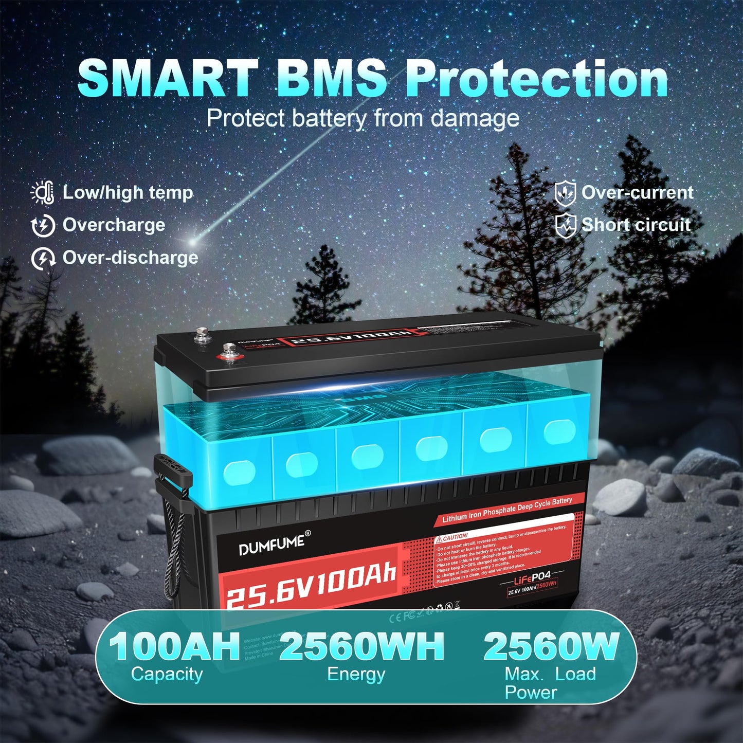 24V 100Ah Lithium LiFePO4 Battery Built-in 100A BMS Up to 15000 Cycles